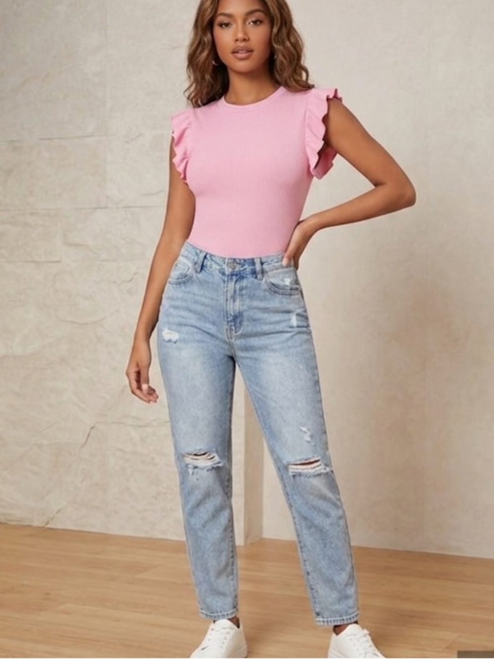 SHEIN Pink Ribbed Ruffle Sleeve One-Piece Bodysuit